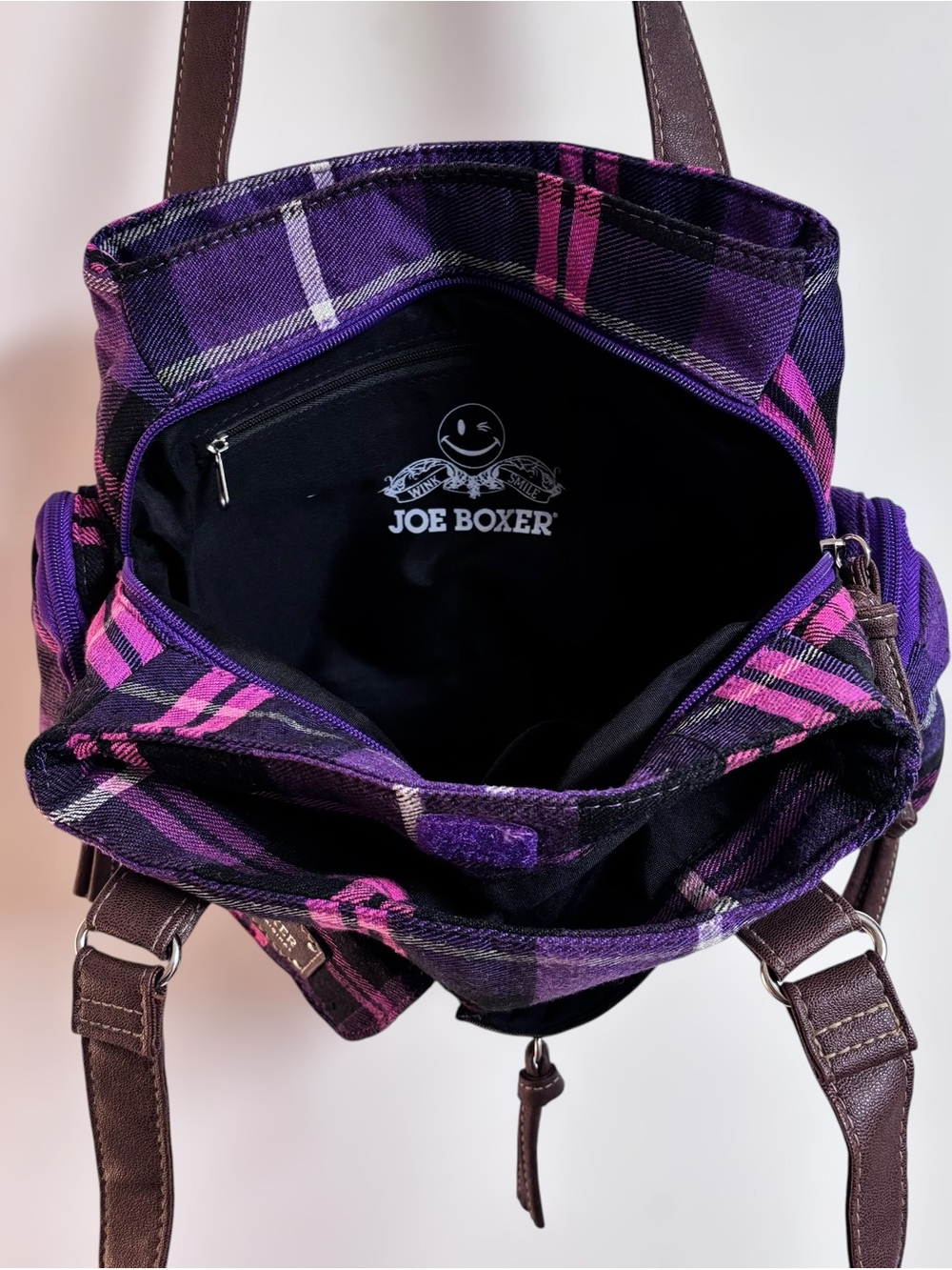 Joe Boxer Purple Plaid Bowler Bag with Brown Trim - Picture 6 of 9